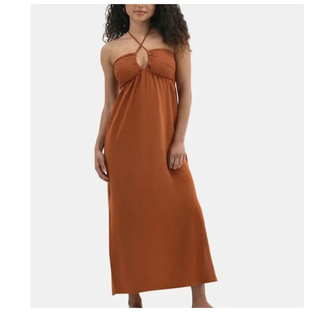 No Boundaries Halter Maxi Dress-Small-Rust Orange-Smocking-Lined-Double Slits